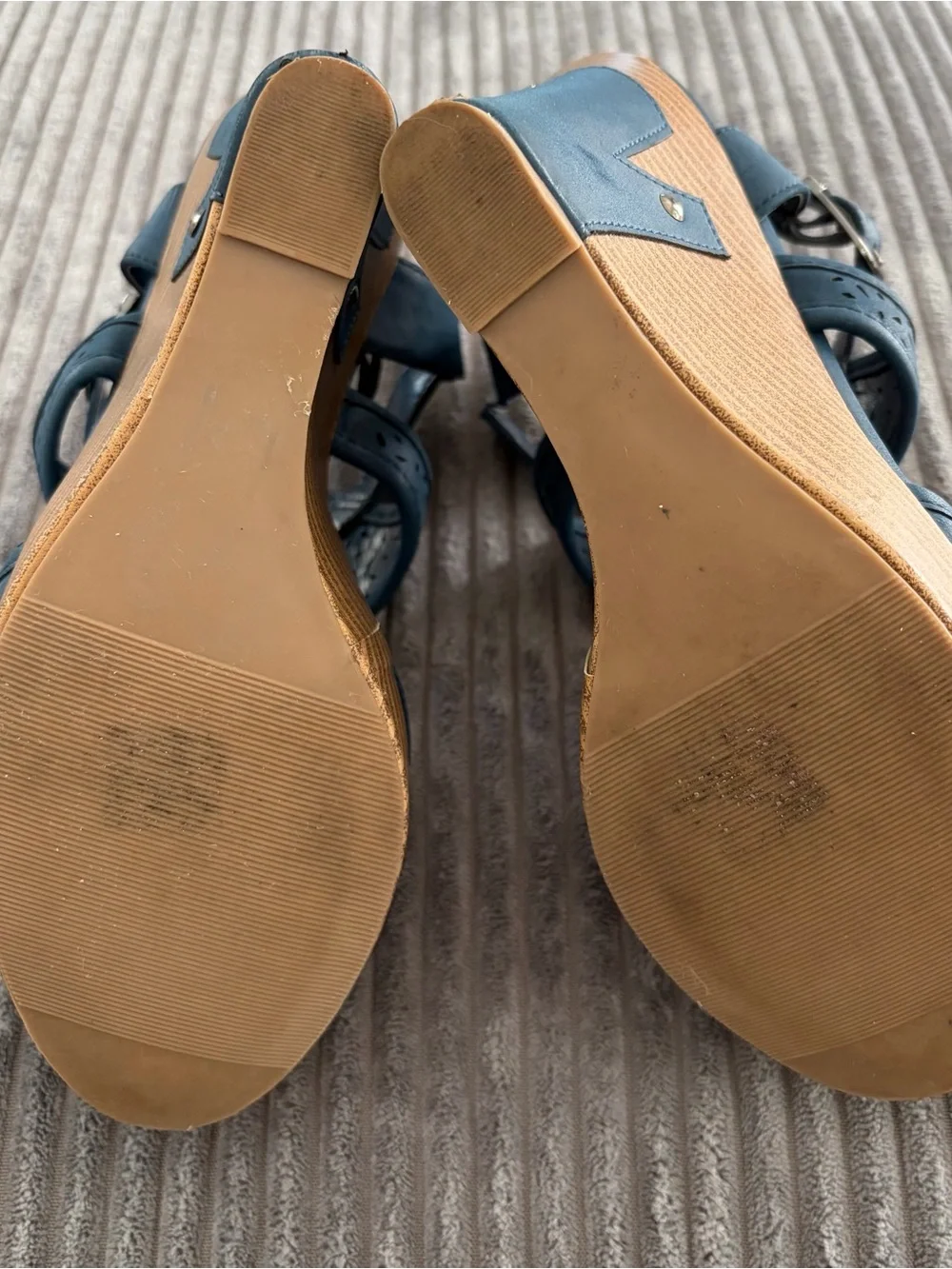 Jasmine Blue Laser-Cut Wedge Sandals with Buckle Ankle Strap